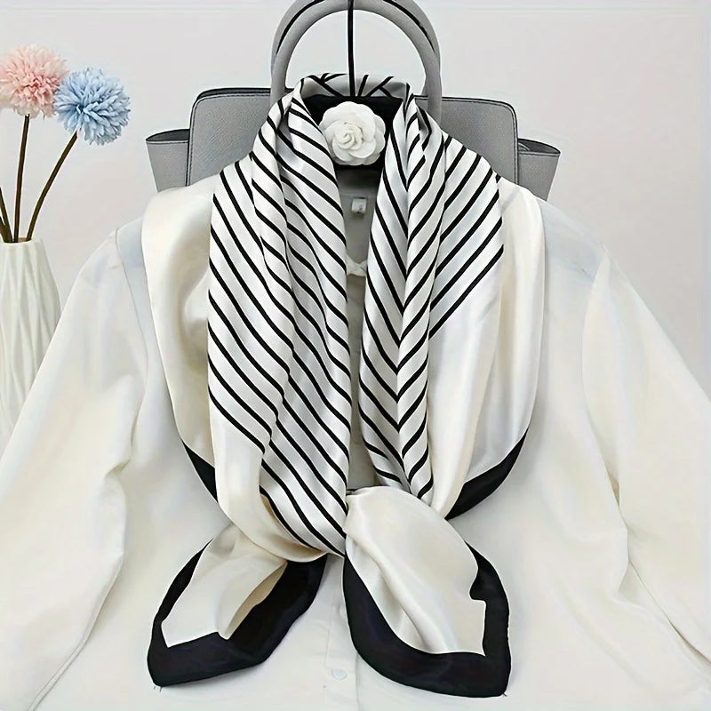 Lenço elegante listrado preto/branco, fino de seda simulada, protetor solar casual à prova de vento!