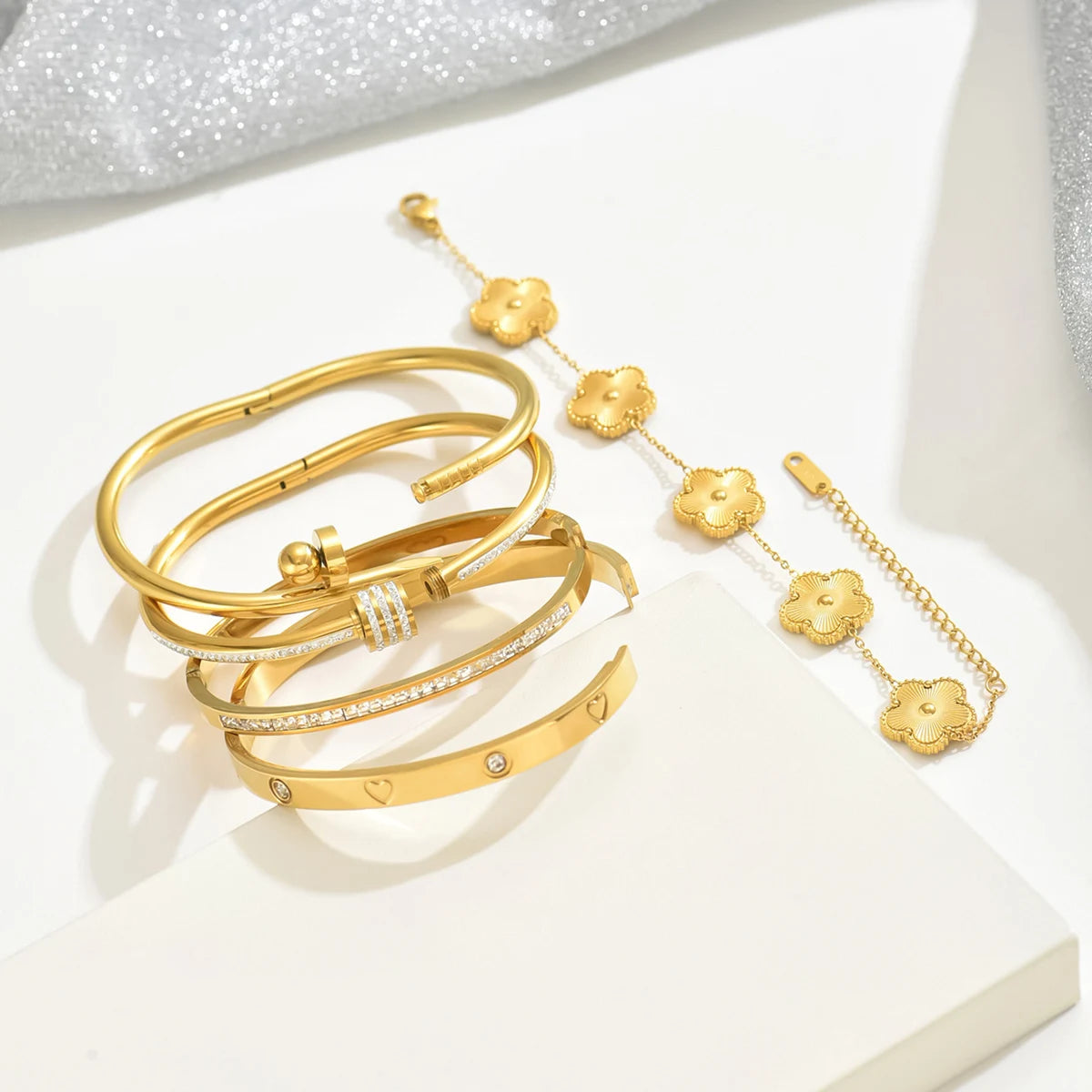 Pulseiras última moda no verão europeu, trevo de quatro folhas, aço inoxidável, fashion