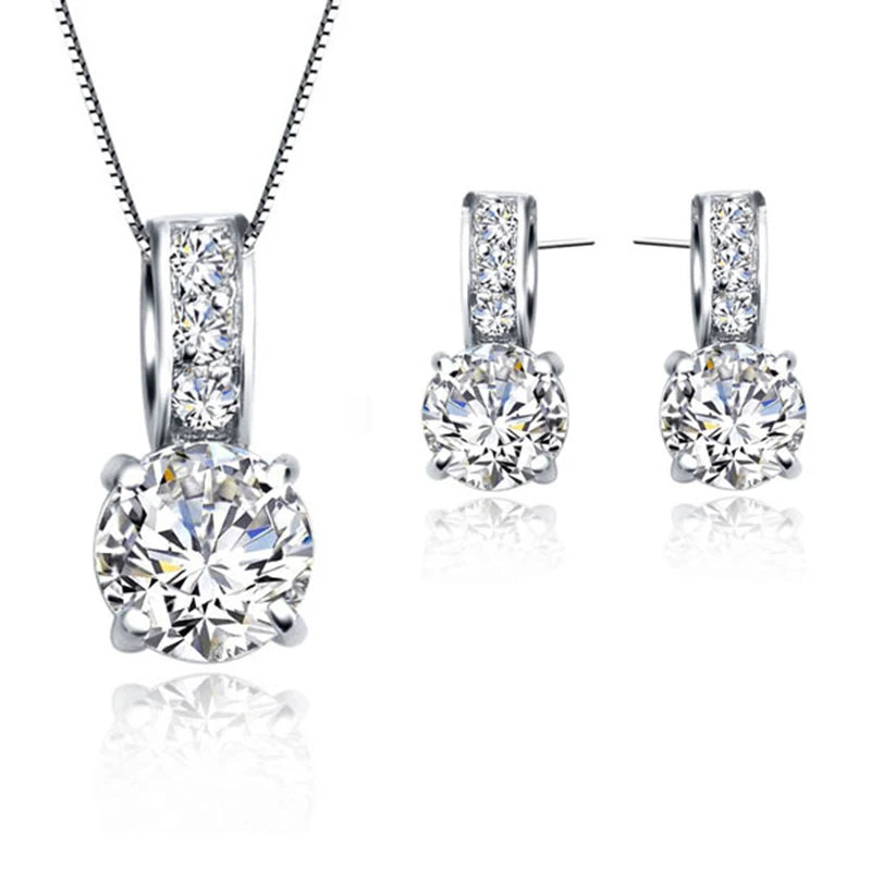 Conjunto de jóias de noiva clássica, cristal, pingente! 925 prata esterlina.