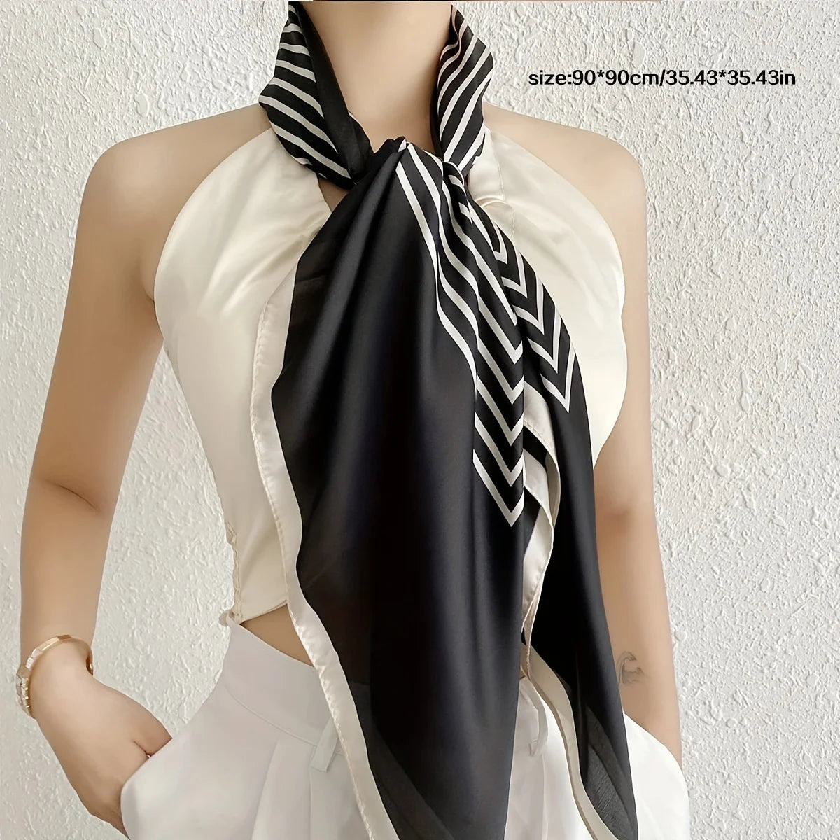 Lenço elegante listrado preto/branco, fino de seda simulada, protetor solar casual à prova de vento!